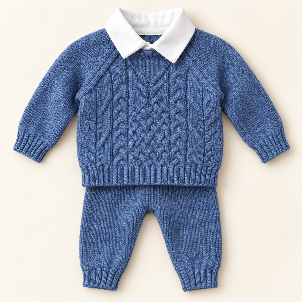 Blue cable-knit baby outfit with white collar and matching trousers