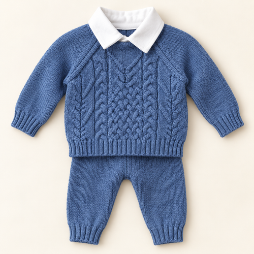 Blue cable-knit baby outfit with white collar and matching trousers