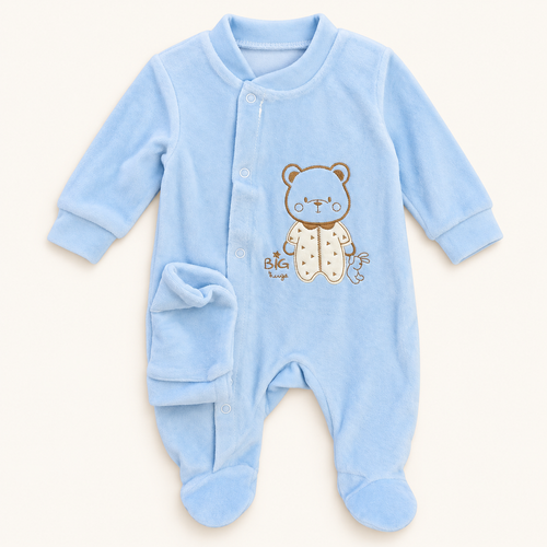 Blue Bear-Detail Footed Baby Sleepsuit