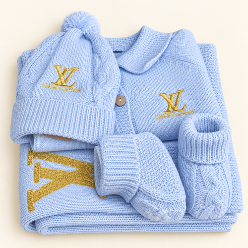 Blue Knit Baby Hospital Outfit Set with Gold Details