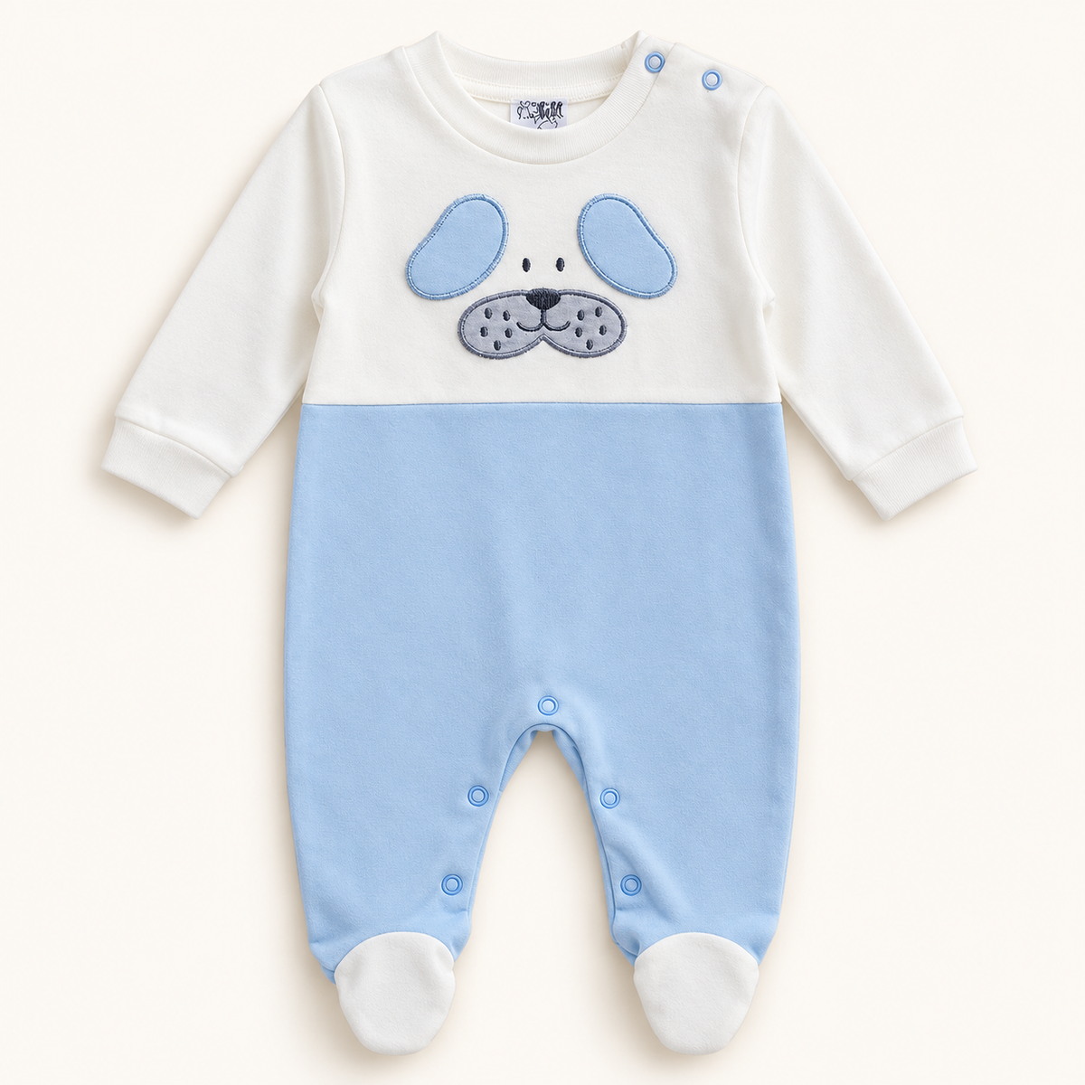 Blue Puppy-Detail Footed Baby Sleepsuit