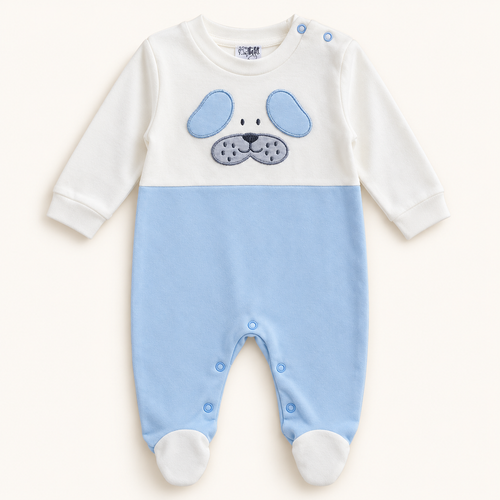 Blue Puppy-Detail Footed Baby Sleepsuit