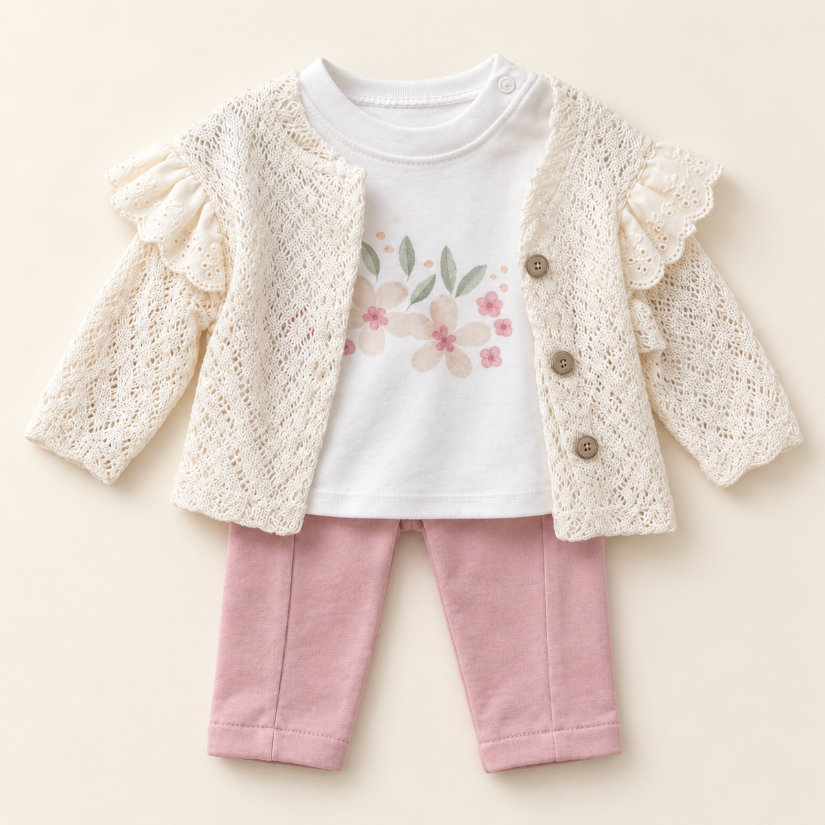 Floral Baby Girl Cardigan and Trousers Outfit