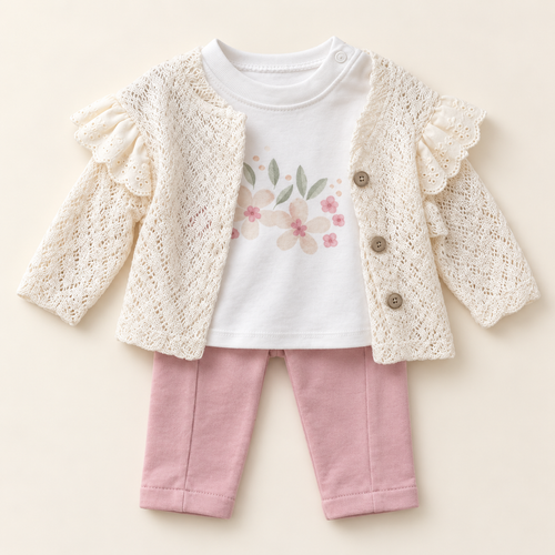 Floral Baby Girl Cardigan and Trousers Outfit