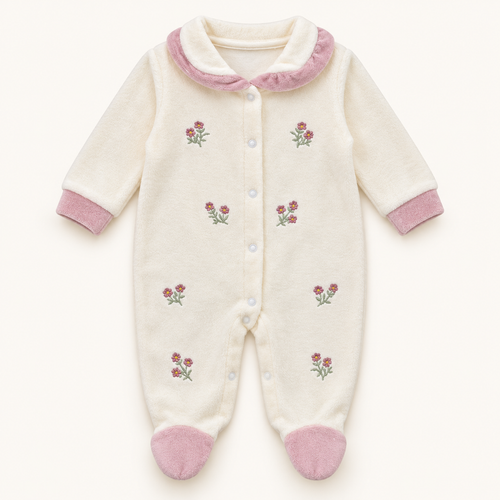 Floral-Detail Footed Baby Sleepsuit