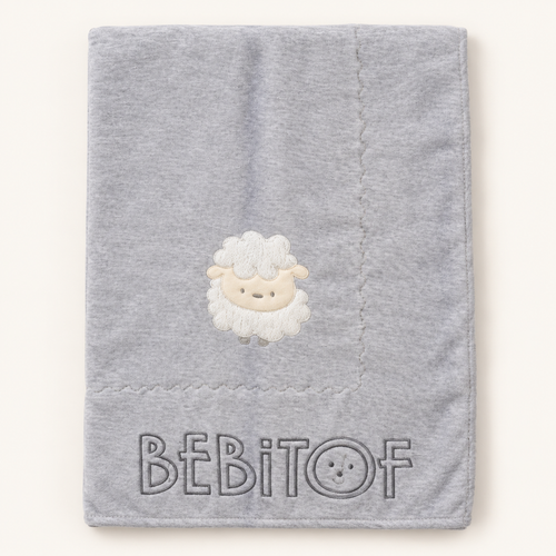 Grey Lamb-Embroidered Baby Blanket
