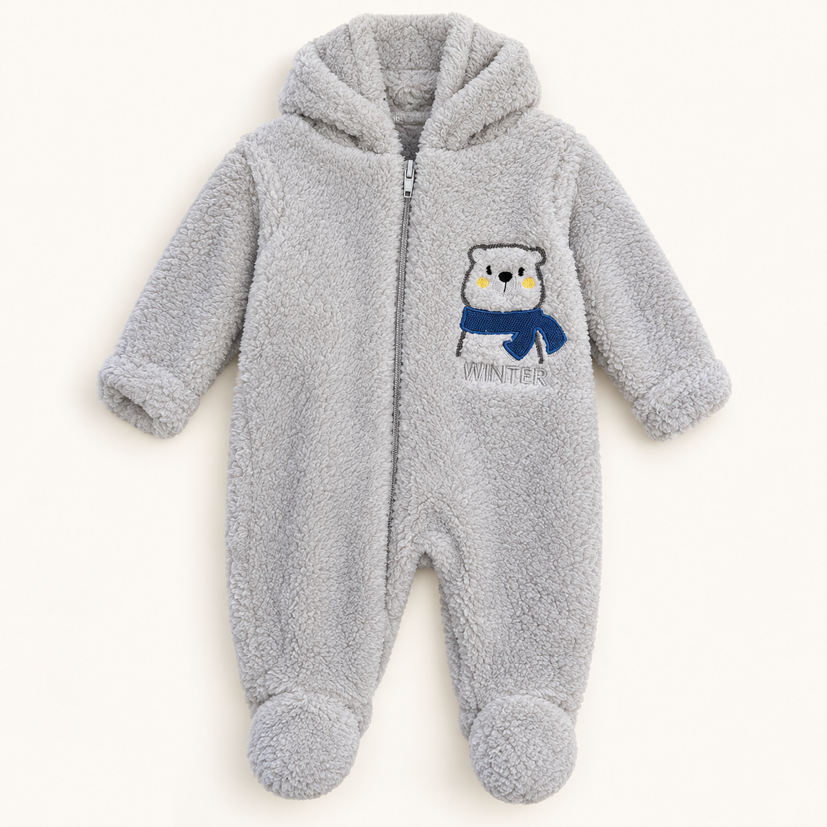 Grey Owl-Detail Hooded Baby Romper