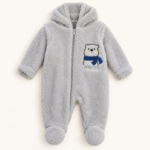 Grey Owl-Detail Hooded Baby Romper