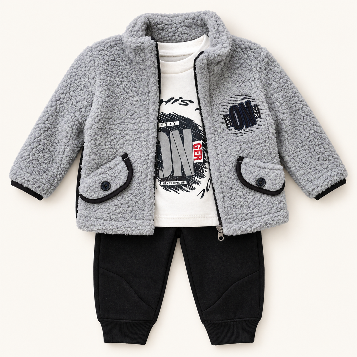 Grey Textured Jacket Three-Piece Baby Outfit