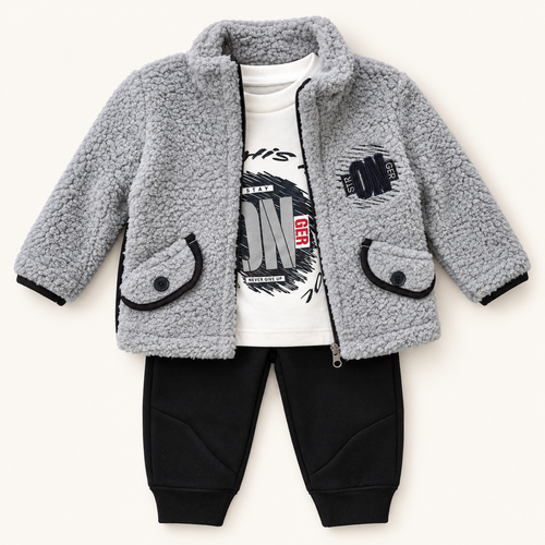 Grey Textured Jacket Three-Piece Baby Outfit