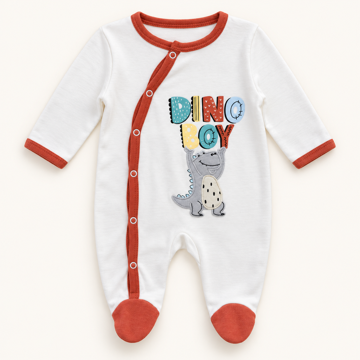 Ivory and Rust Dino Joy Footed Baby Sleepsuit