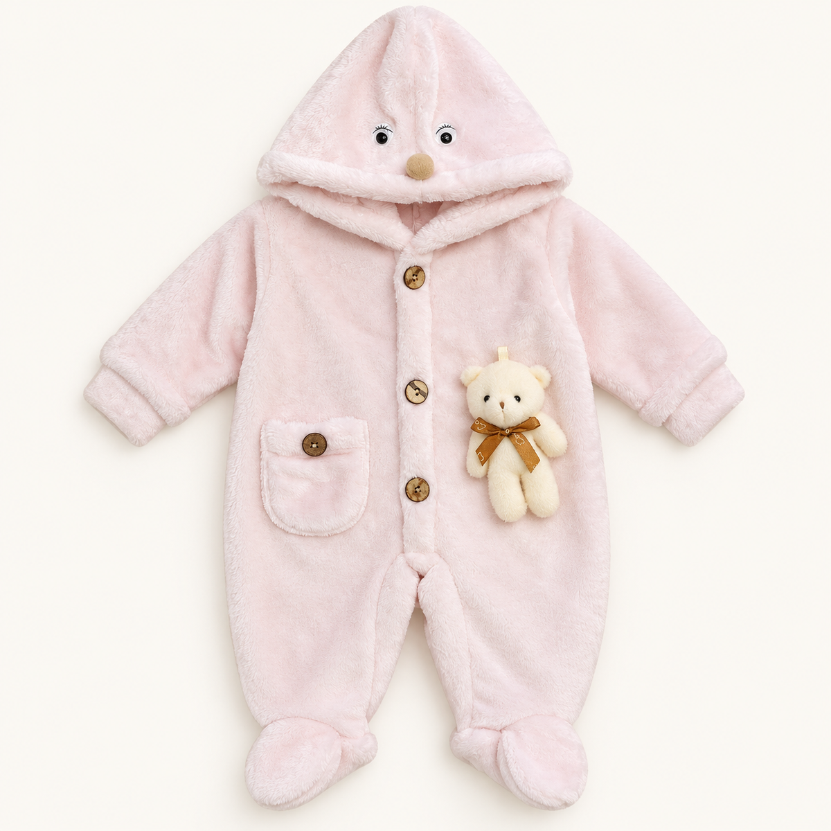 Blush Animal-Hood Teddy Baby Romper