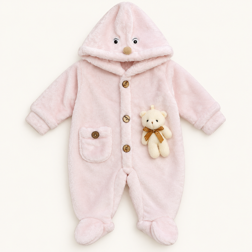 Blush Animal-Hood Teddy Baby Romper