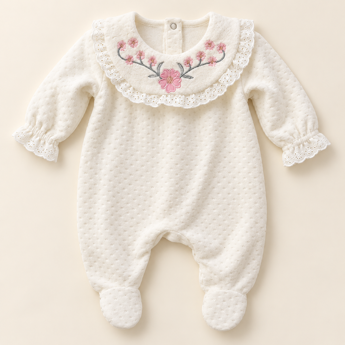 Ivory Floral-Embroidered Newborn Sleepsuit