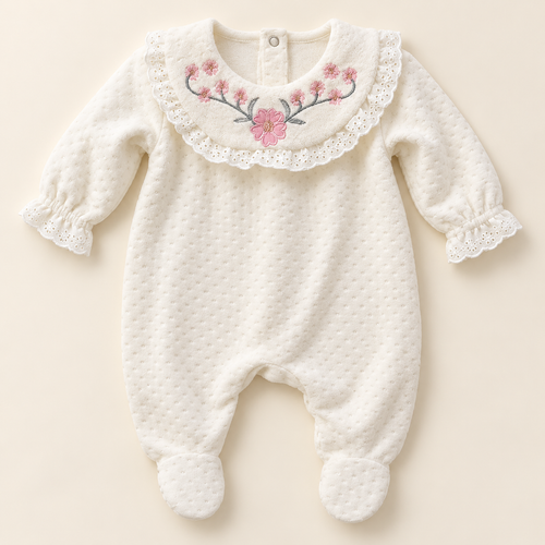 Ivory Floral-Embroidered Newborn Sleepsuit