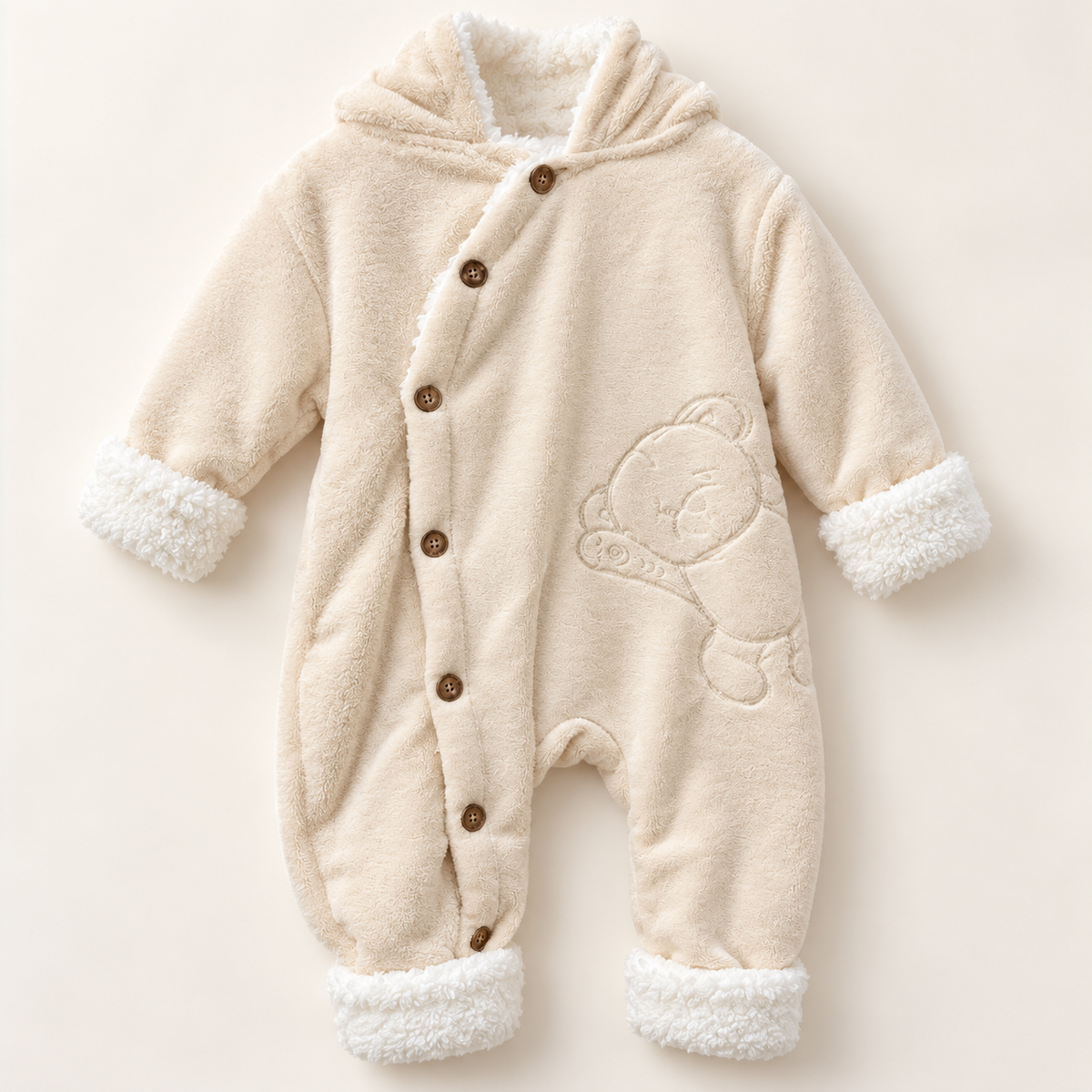 Ivory Hooded Baby Romper with Animal Detail