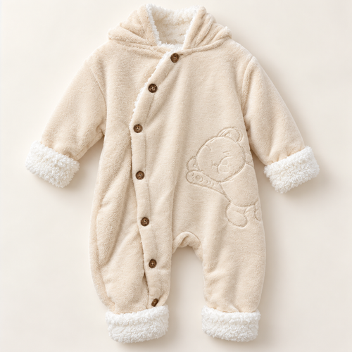 Ivory Hooded Baby Romper with Animal Detail