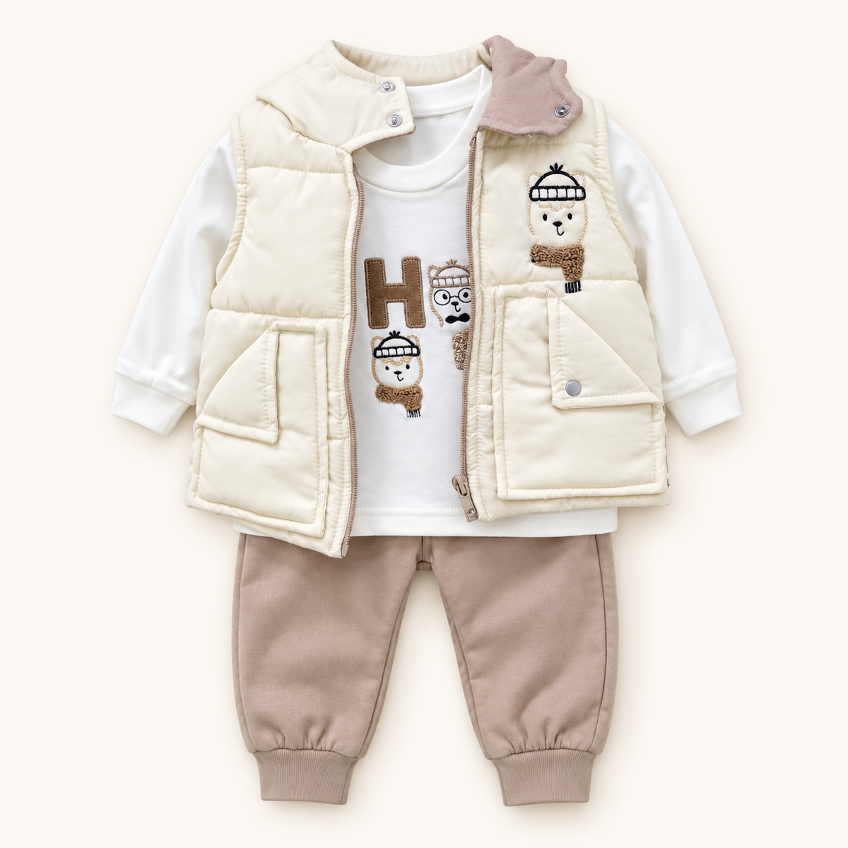Ivory Padded Vest Three-Piece Baby Outfit