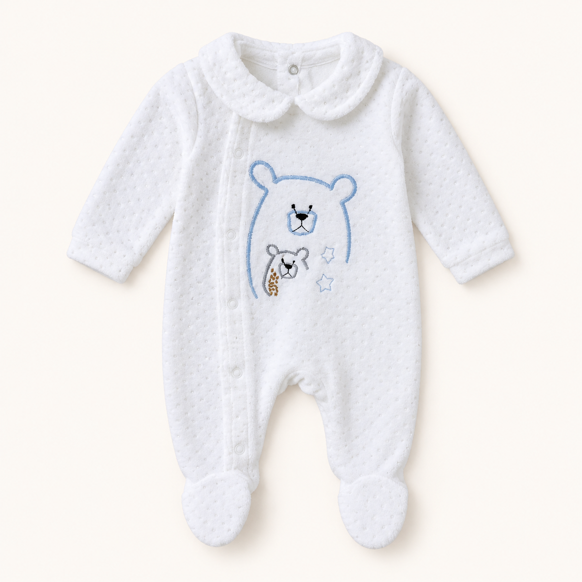 Ivory Bear-Embroidered Newborn Sleepsuit