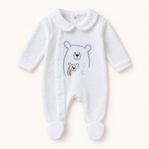Ivory Bear-Embroidered Newborn Sleepsuit