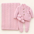 Pink Cable-Knit Baby Hospital Set with Blanket
