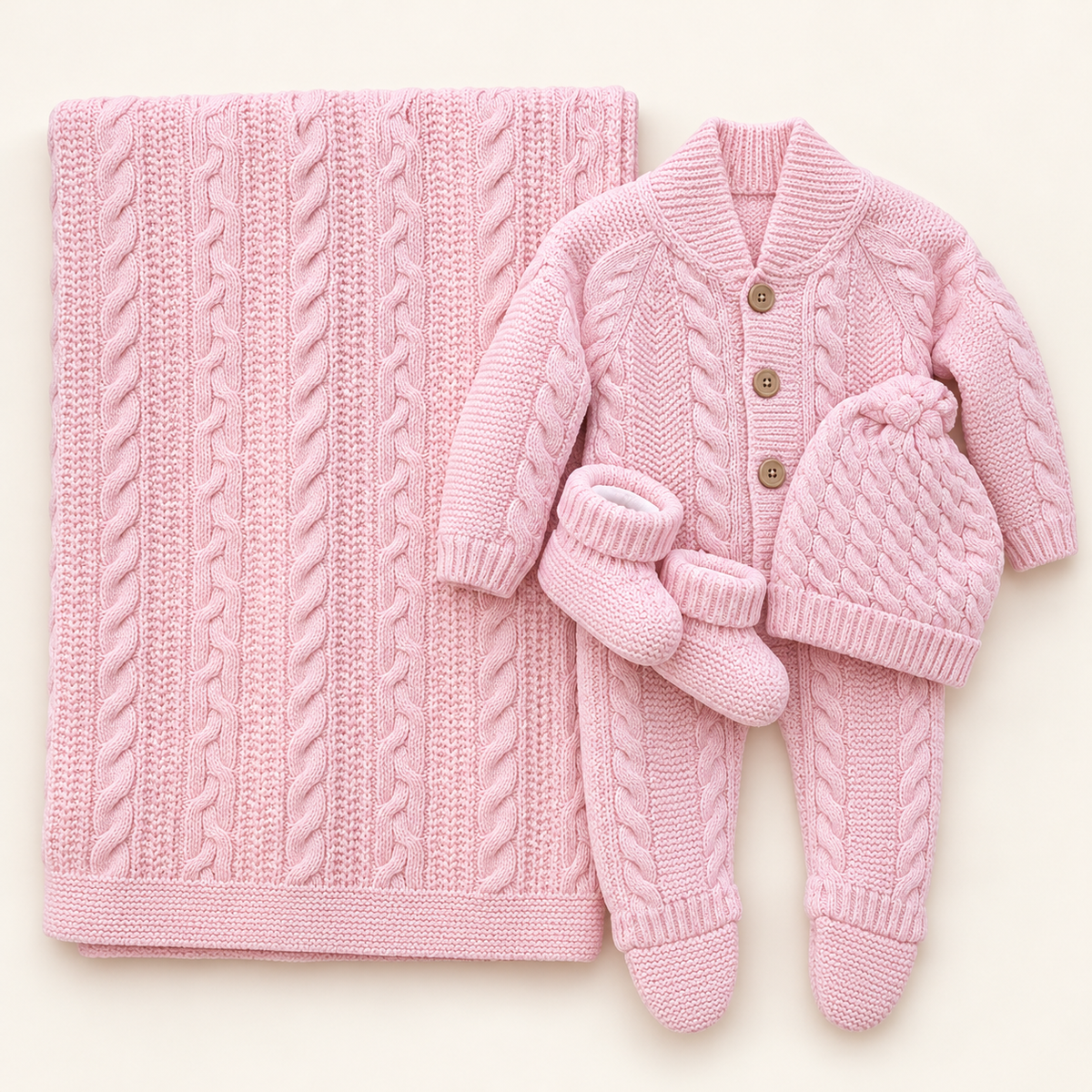Pink Cable-Knit Baby Hospital Set with Blanket