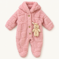 Pink Cable-Texture Teddy Hooded Baby Romper