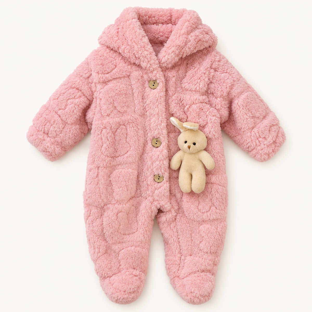 Pink Cable-Texture Teddy Hooded Baby Romper