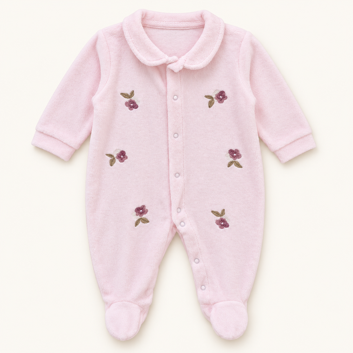 Pink Floral Collar Footed Baby Sleepsuit