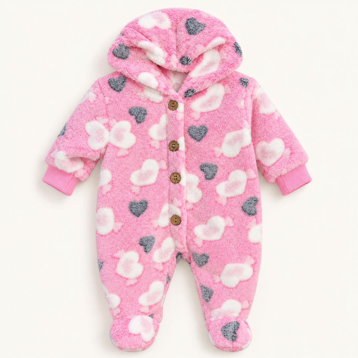 Pink Heart-Print Hooded Baby Romper