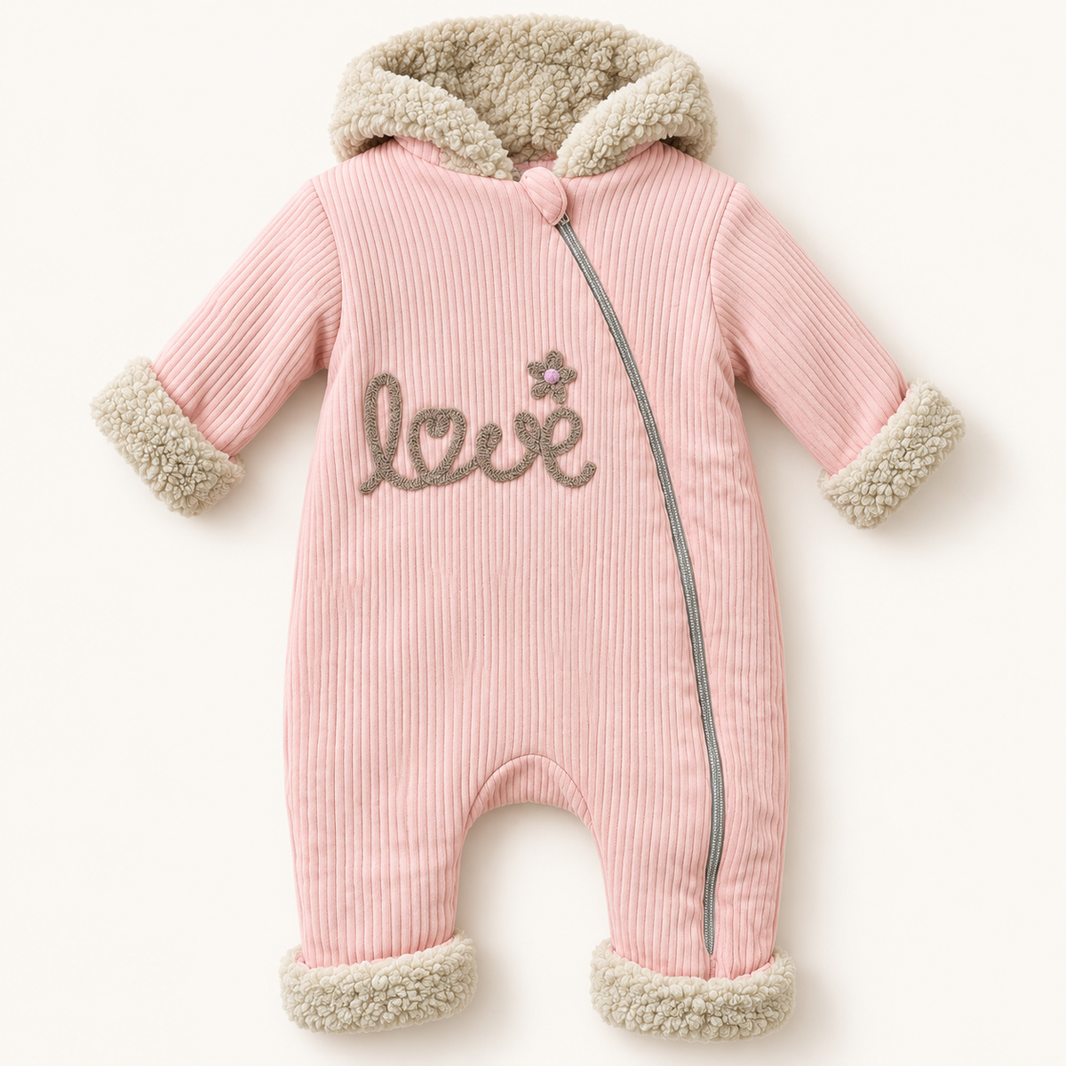 Pink Love Hooded Baby Fleece Romper