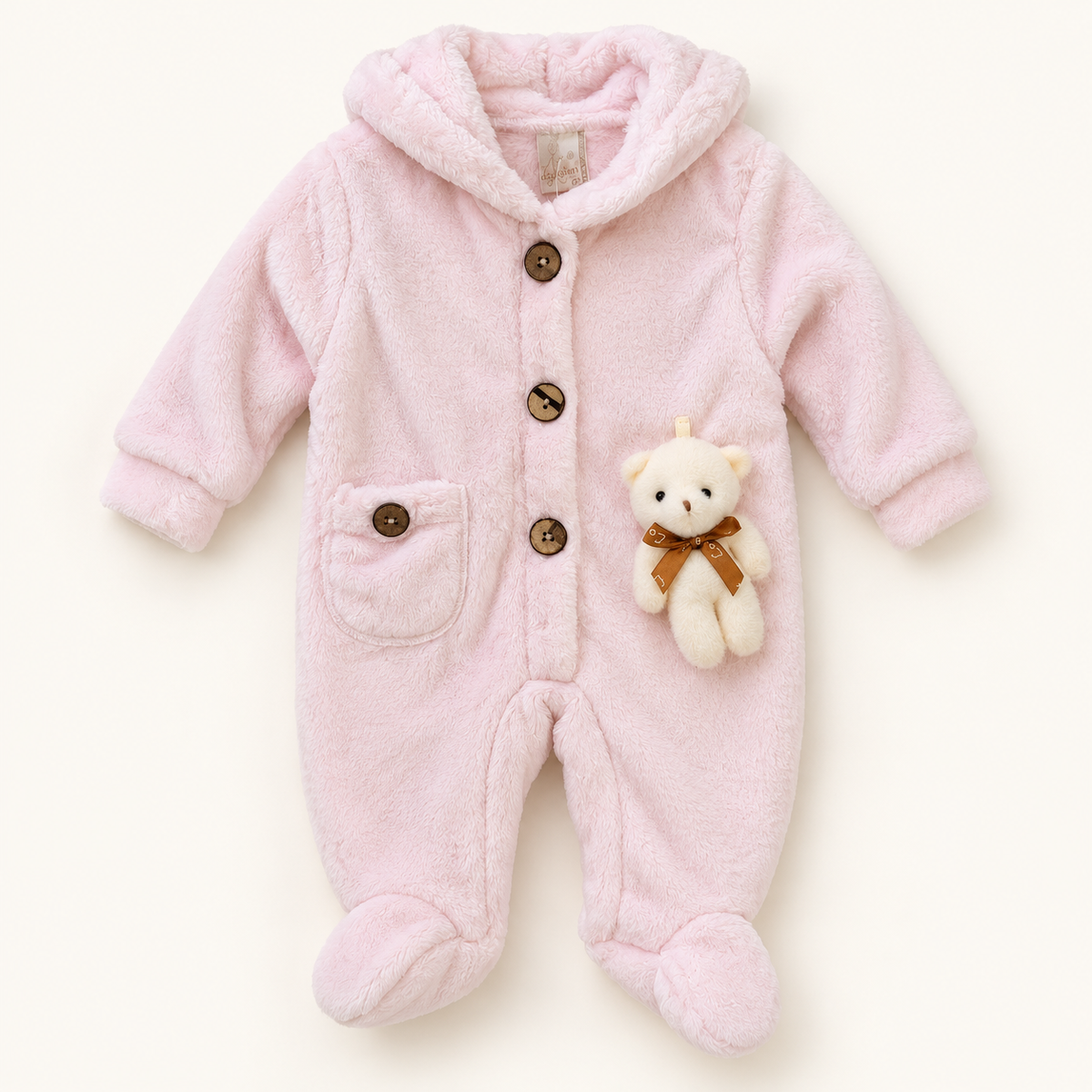 Pink Teddy-Detail Hooded Baby Romper